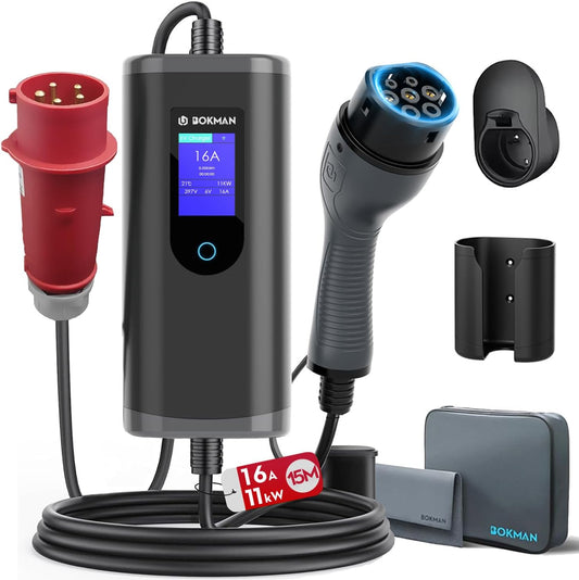 bokman Mobile Wallbox type 2 oplaadkabel met CEE-stekker, 15 meter, 6-16 A, 11 kW, 3-fasen, IP65 waterdicht, draagbare EV-oplader en mobiel Wallbox laadstation met draagtas en microvezelhanddoek