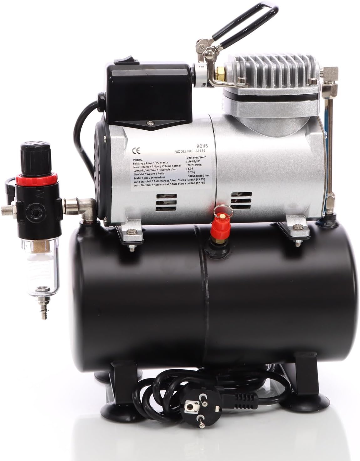 Wiltec airbrush compressor AF186 met luchttank drukregelaar 4 bar automatische Start-Stop