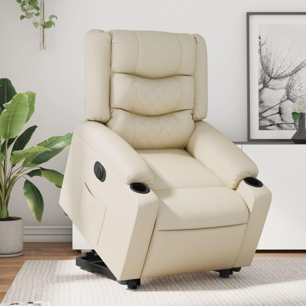 Relaxstoel met Opstahulp – Elektrische Relaxstoel – TV-stoel – Ligstoel – Enkele Ligstoel – Crèmekleur – Kunstleer – Elektrisch Kantelsysteem – Verstelbare Ligfunctie – Opstaan Zonder Belasting Rug/Knieën