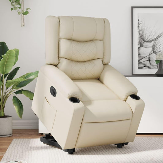 Relaxstoel met Opstahulp – Elektrische Relaxstoel – TV-stoel – Ligstoel – Enkele Ligstoel – Crèmekleur – Kunstleer – Elektrisch Kantelsysteem – Verstelbare Ligfunctie – Opstaan Zonder Belasting Rug/Knieën