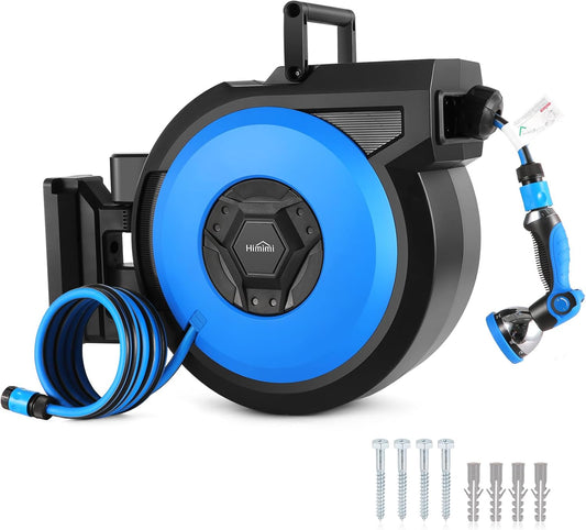 Tuinslanghaspel, wandmontage, 20 m, automatische slanghaspel, water met 10-in-1 multidouche, 180 graden draaibaar, wandhouder, tuinslang, blauw