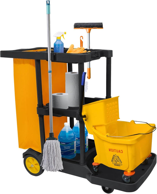Bimiti Professionele reinigingswagen met extra grote tas, 113 x 56 x 93 cm, 3 niveaus met grote capaciteit, reinigingswagen, afvalzakken van 65 liter, geel en zwart
