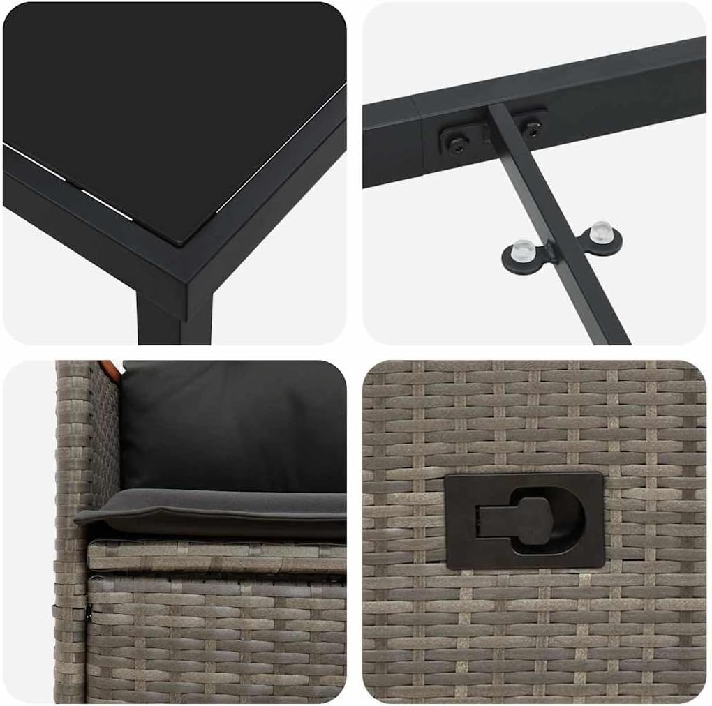 vidaXL Tuin Eetset met kussen 3 pcs Grijs Poly riet, Moderne buiten eettafel, weerbestendig tuinmeubilair, stijlvolle lounge, veelzijdig ontwerp - QUORE