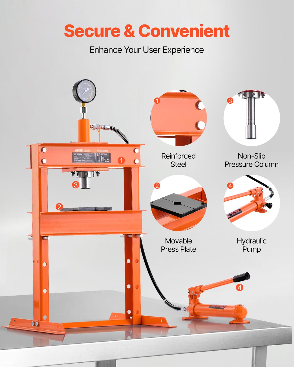 VEVOR Hydraulic shop press, 10T H frame, shop press with press plate and H-shaped base, stable garage floor, adjustable hydraulic press with release valve, suitable for bending, straightening and