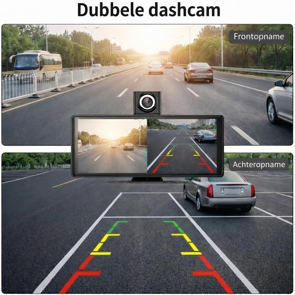 10.26 Inch Draadloos CarPlay Scherm & Android Auto Display - 4K Dashcam & 1080P Achteruitrijcamera - Draagbare Autoradio met Dual Bluetooth, FM, AUX & GPS Navigatie - Inbouwloos & Universeel