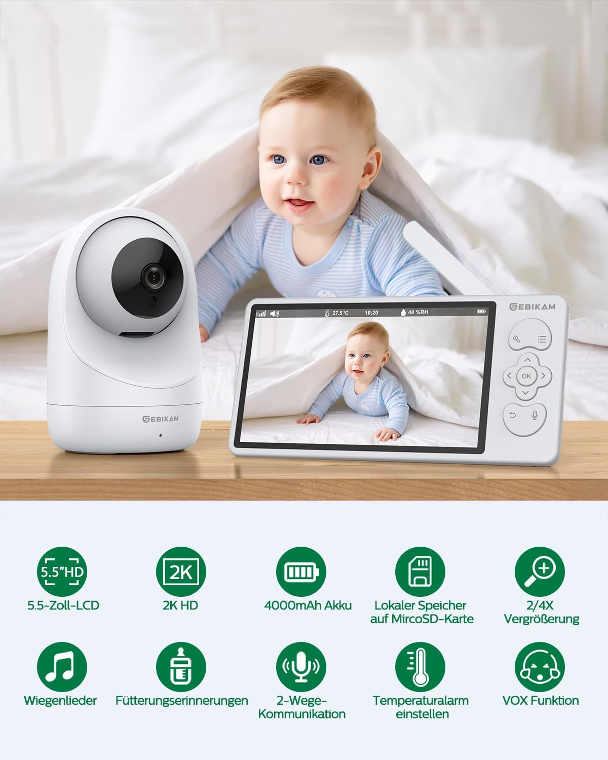 2K/3MP Babyfoon met Camera en App, 5,5 Inch Scherm, Bewegings- en Geluidsdetectie, Wifi, 4X Zoom, 4000mAh Accu, PTZ 355° Draaibaar, VOX-Modus, Nachtzicht, 2-Weg Audio, Temperatuuraanduiding