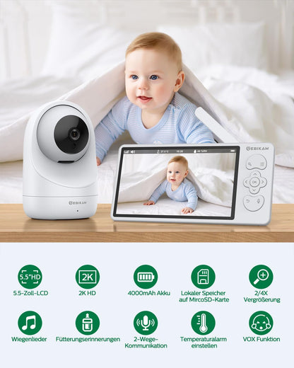2K/3MP Babyfoon met Camera en App, 5,5 Inch Scherm, Bewegings- en Geluidsdetectie, Wifi, 4X Zoom, 4000mAh Accu, PTZ 355° Draaibaar, VOX-Modus, Nachtzicht, 2-Weg Audio, Temperatuuraanduiding