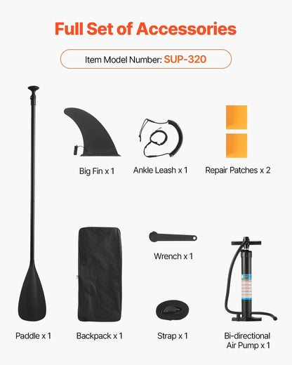 VEVOR Opblaasbaar stand-up paddleboard, met bordaccessoires, pomp, peddel, vin, telefoontas, rugzak, enkelriem, reparatieset, antislip deck voor jongeren en volwassenen