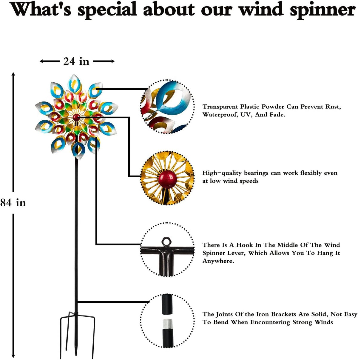 Tuin windspinner, metalen windmolen, grote windsculptuur, outdoor metalen dubbelzijdige windsculptuur en windmolen 20 inch diameter 73 inch hoogte voor buiten, tuin, terras, gazon, tuindecoratie