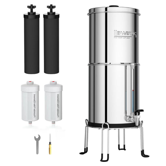 Purewell 6-stage gravity ultrafiltration water system, with glass water level indicator, 304 stainless steel worktop system with 4 elements and holders, reduces fluoride and chlorine 8.5 liters - QUORE