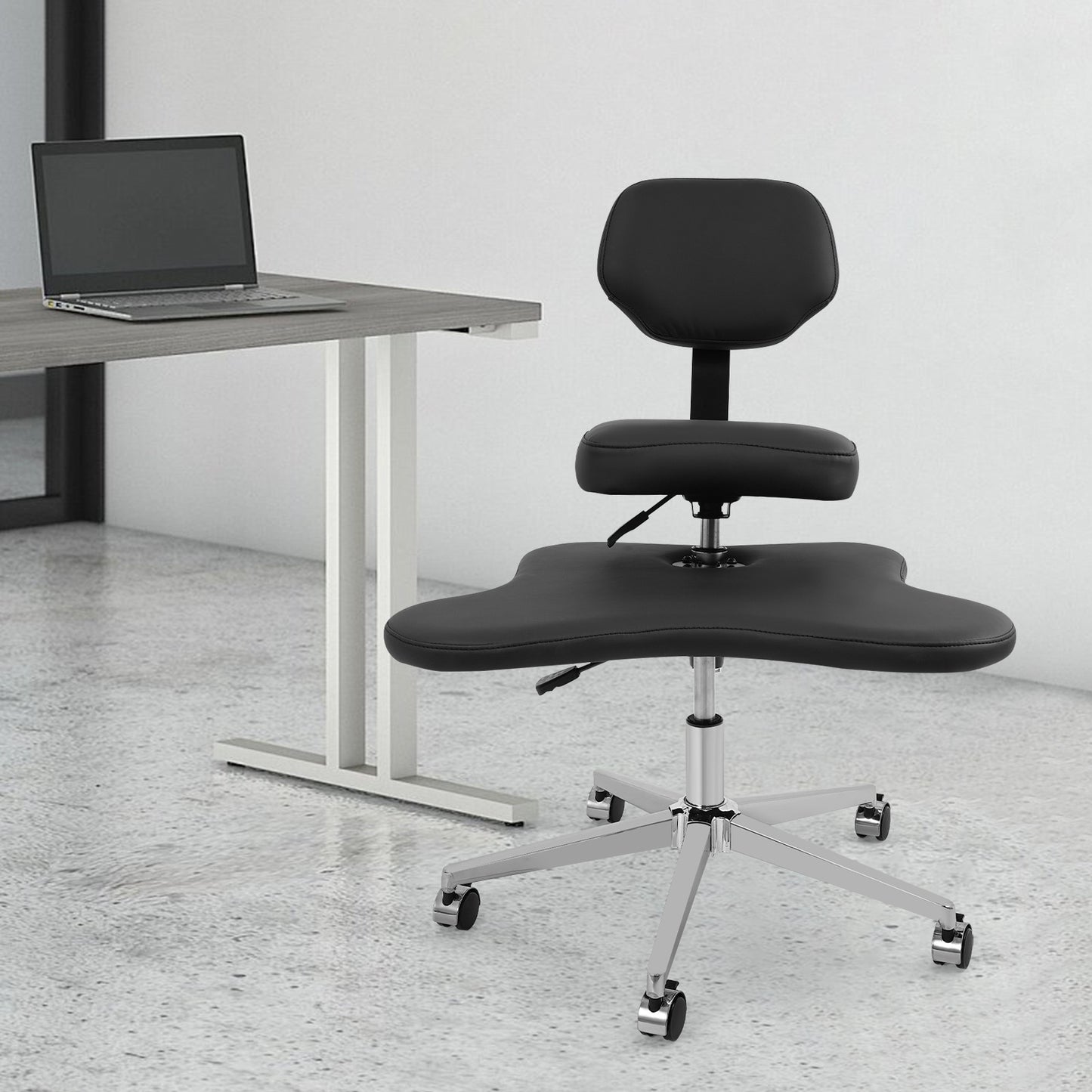 Kniestok – Kruisbeenzitstoel – Meditatiestoel – Yogastoel – Ergonomische Bureaustoel – Verstelbare Hoogte – Gietijzeren Frame, 360° Draaibaar, Zwart