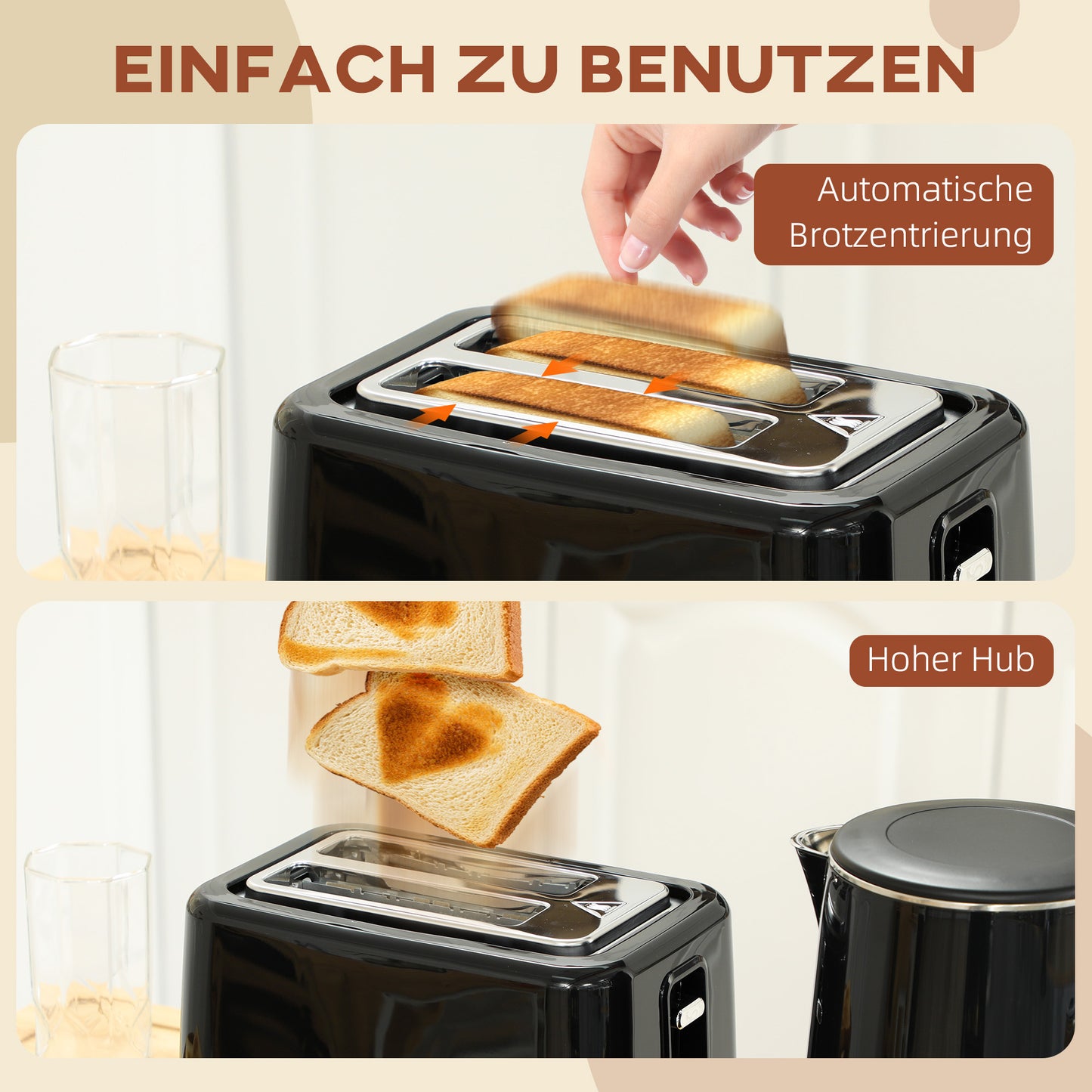 Keukenset Waterkoker Broodrooster Ontbijtset Kookset – Zwart – 2200W Waterkoker – 7 Bruiningsniveaus – RVS & BPA-vrij