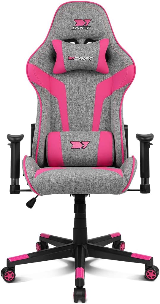 DRIFT Gaming Chair DR90 -DR90GP - Professionele Gaming Stoel, ademende stof, gestoffeerde 2D armleuningen, versterkte nylon basis, klasse 4 zuiger, kantelbaar, lumbaal/cervicaal kussen, grijs/roze