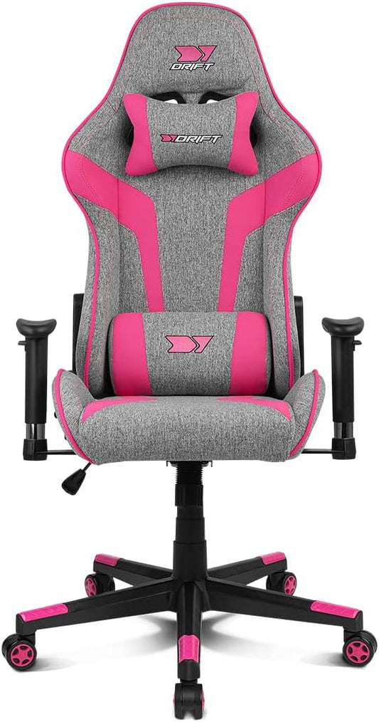 DRIFT Gaming Chair DR90 -DR90GP - Professionele Gaming Stoel, ademende stof, gestoffeerde 2D armleuningen, versterkte nylon basis, klasse 4 zuiger, kantelbaar, lumbaal/cervicaal kussen, grijs/roze