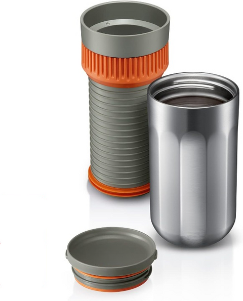 Draagbaar Koffiezetapparaat - Handmatige Koffiemachine - Vacuüm onder Druk - Geïsoleerd Mok - voor Reizen - voor Fietsen - Snelle Extractie - Roestvrijstalen Thermobeker - 10oz - 7.2 x 7.2 x 18.2 - Salie Grijs