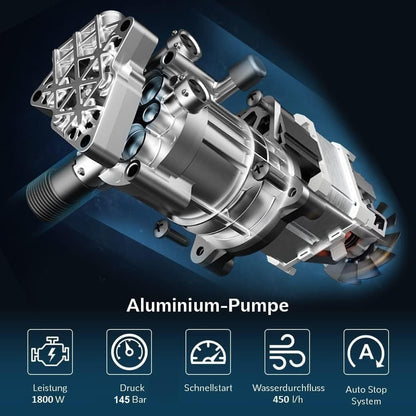LEHMANN Hudson Hogedrukreiniger met Aluminium Pomp, 1800 W, Max. 220 Bar Druk, 450 l/h Debiet, Accessoireset - Terrasborstel, Schuimer, Velgenborstel, Ideaal voor Terrassen, Tuinen, Auto