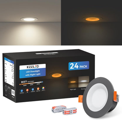 KEELED Zwarte Inbouwspots voor Plafond, Inbouwverlichting met Nachtlampfunctie, 230V, 6W, 3 kleurtemperaturen 3000K/4000K/6000K selecteerbaar, 70-85mm inbouwgat, 24 stuks