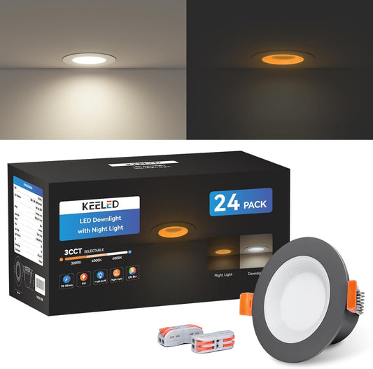 KEELED Zwarte Inbouwspots voor Plafond, Inbouwverlichting met Nachtlampfunctie, 230V, 6W, 3 kleurtemperaturen 3000K/4000K/6000K selecteerbaar, 70-85mm inbouwgat, 24 stuks