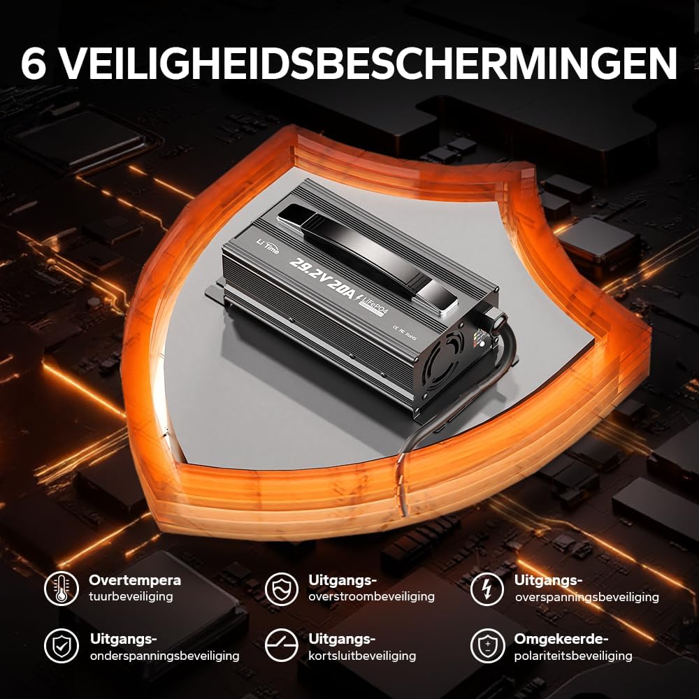 LiTime 29,2V 20A LiFePO4 Lithium Batterijlader, Opzetbare LiFePO4 Acculader met Koelventilator en Meerdere Veiligheidsbeveiligingen, Li-ion Acculader is Ontworpen voor het Opladen van LiFePO4-accu's