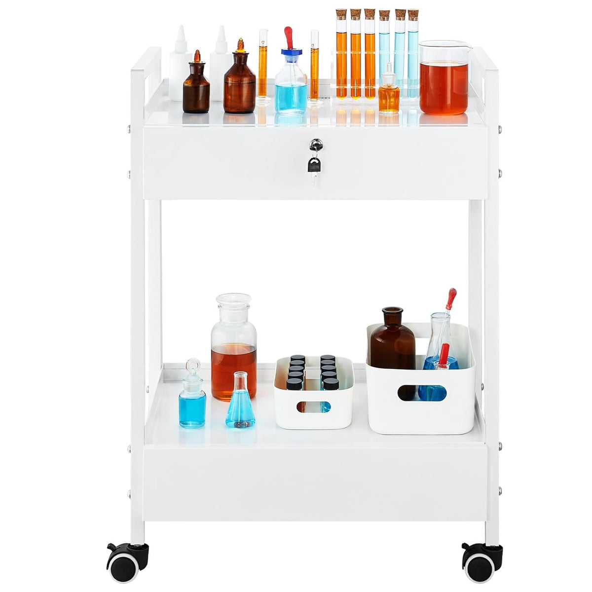 VEVOR Laboratoriumwagen met 2 niveaus, medische trolley van roestvrij staal, serveerwagen, grote draagkracht 100 kg, met 2 laden, voor laboratorium, salon, ziekenhuis, tandgebruik, wit