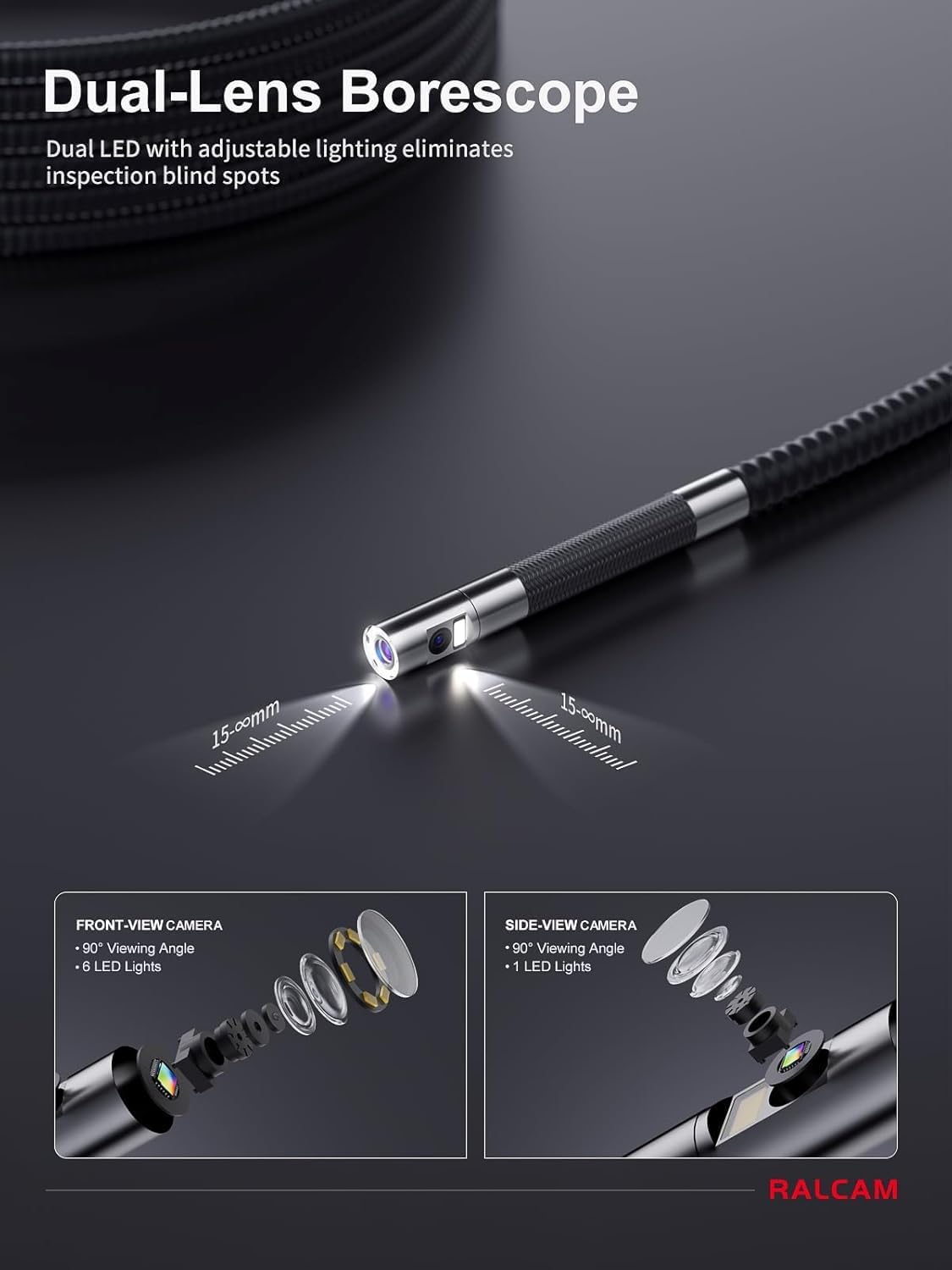 Ralcam Endoscoopcamera met licht, endoscoopcamera met 360° beweegbare kop, 6,5 mm dual-sonde, 5 inch HD-display, inspectiecamera, IP67 waterdicht, buiscamera met 1,5 m halfharde kabel en 6 + 1 leds