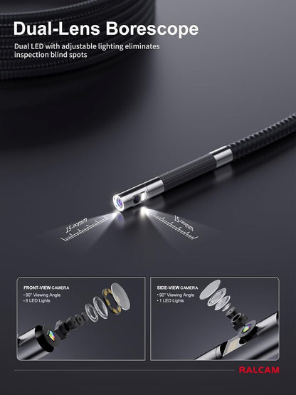 Ralcam Endoscoopcamera met licht, endoscoopcamera met 360° beweegbare kop, 6,5 mm dual-sonde, 5 inch HD-display, inspectiecamera, IP67 waterdicht, buiscamera met 1,5 m halfharde kabel en 6 + 1 leds