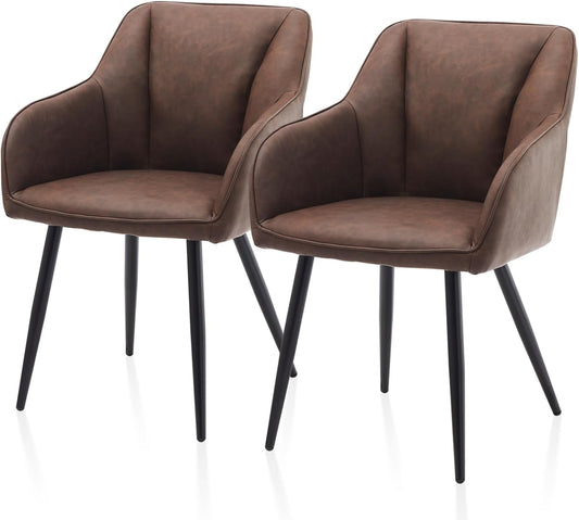 TUKAILAI Eetkamerstoelen, set van 2 met armleuningen, kunstleer, gestoffeerd, rugleuning, metalen poten, loungeontvangst, eetkamer, keuken, woonkamer, 2 stuks, bruin