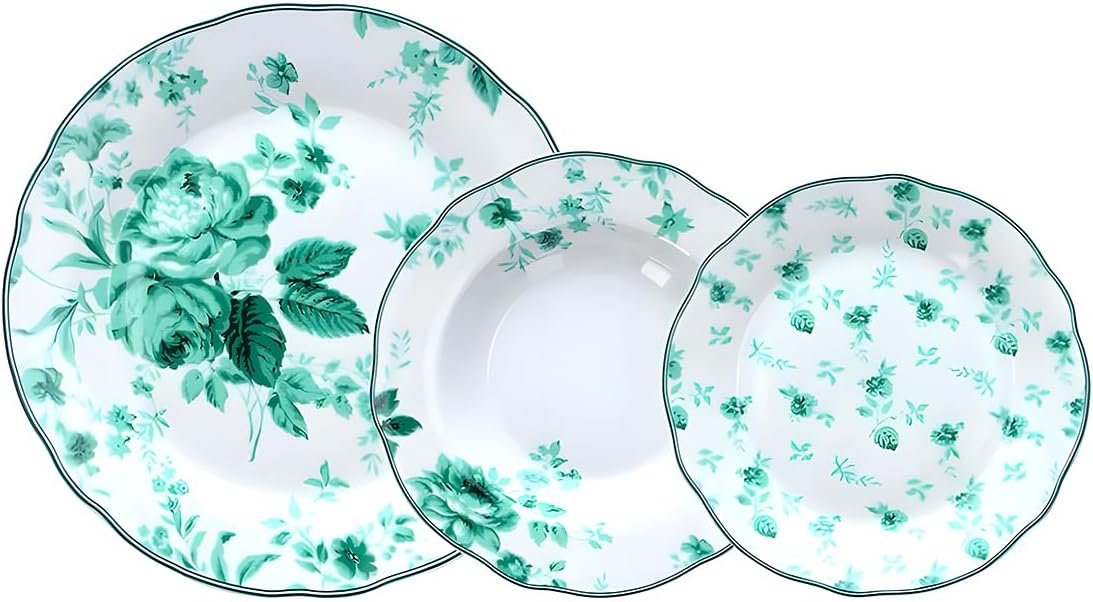 Wintem Porseleinen tafelservies, 18-delig, met platte borden, soep- en dessertborden, ideaal voor speciale gelegenheden of dagelijks gebruik, bordenset voor 6 personen, wit met groene bloemen