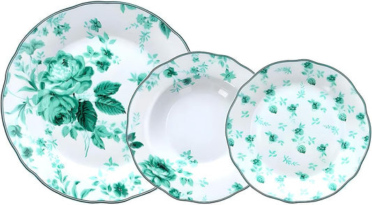 Wintem Porseleinen tafelservies, 18-delig, met platte borden, soep- en dessertborden, ideaal voor speciale gelegenheden of dagelijks gebruik, bordenset voor 6 personen, wit met groene bloemen
