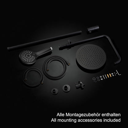 Doucheset – Douchesysteem – Douchezuil – Regendouche – Douchekop – Zwarte Regendouchekop 25 cm – Verstelbare Douchestang 74-114 cm