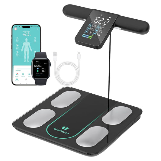 Healthkeep Personenweegschaal, verbonden impedantiemeter, met 8 elektroden, 21 lichaamsgegevens, VA-display, BIA-meting met dubbele frequentie, met app voor Andriod en iOS, max. 180 kg/400 lb/28 st