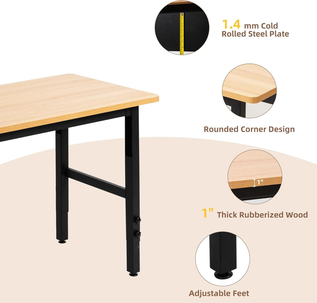 Verstelbare werkbank, werktafel voor garage, hardhouten werkbank met grote capaciteit, zware tafel voor werkplaats, kantoor, garage, thuis