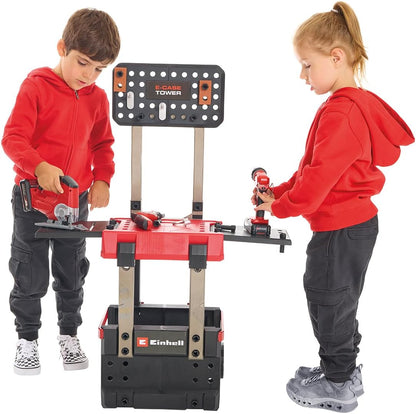 Einhell E-Case werkbank 110-dlg., incl. mini-schroevendraaier, decoupeerzaag, acculamp en veel accessoires, afmetingen ca. 70 x 33,5 x 95 (H) cm, de eerste transportbare en meegroeiende werkbank voor