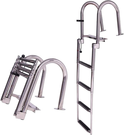 KAOLALI Ponton Bootladder, 4 treden, opvouwbaar, roestvrij staal, marine achterinstap, telescopische ladder met brede treden, zwemdekladder met pedaal, polsen, laadcapaciteit 200 kg
