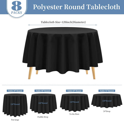 8 PCS Black Round Table Doek 305 cm/120 inch, zwart polyester wasbare polyester tafelbedekking voor bruiloftsfeestverjaardagsbanket