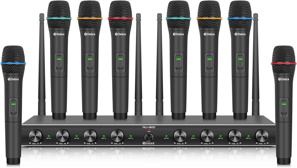 Draadloze Microfoonset – Handmicrofoonset – UHF Microfoonsysteem – Karaoke Microfoon – Presentatiemicrofoon – 8 Handmicrofoons – UHF Stabiele Verbinding – Metalen Ontvanger met Squelch Tegen Ruis
