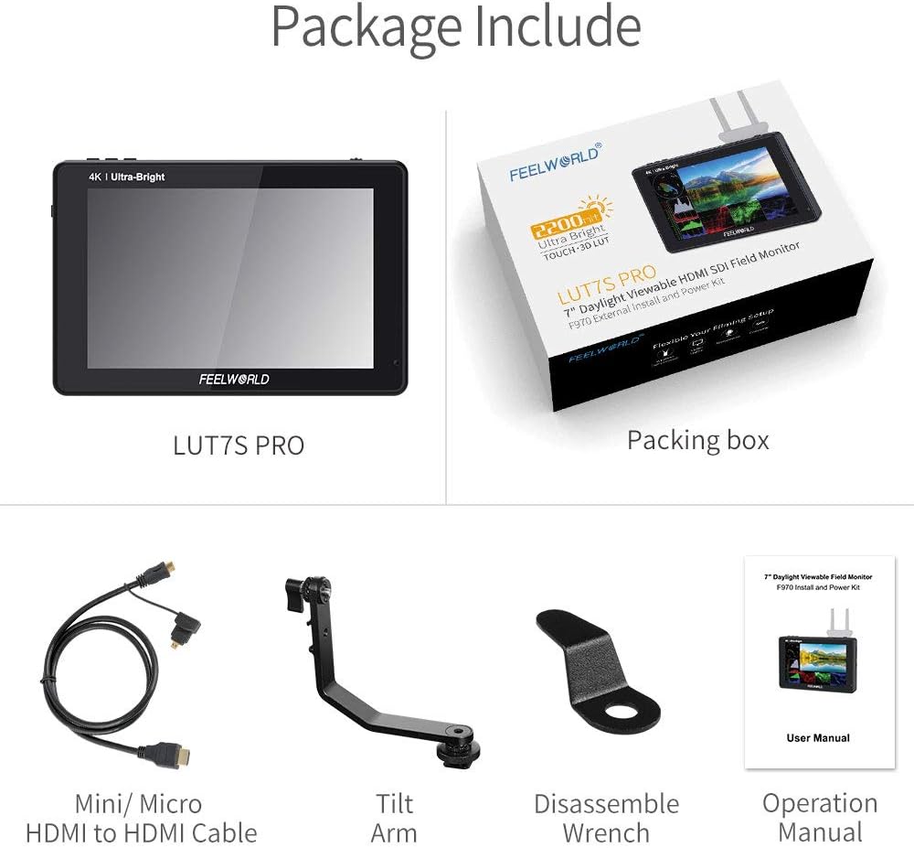 FEELWORLD LUT7S PRO 7 Inch 2200Nits Camera Field Monitor 4K HDMI TouchScreen Video Monitor with Light Sensor,3D LUTs,1920X1200 IPS,HDR Waveform,F970 External Installation Package,3G-SDI & 4K HDMI Loop Out - QUORE