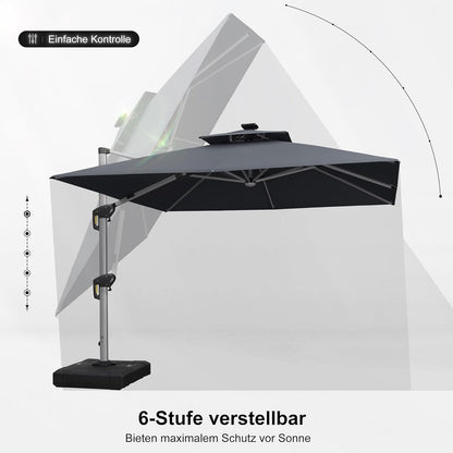 PURPLE LEAF Parasol met ledverlichting, zonnescherm, 300 x 300 cm, marktscherm, groot, 360 graden rotatie, tuinscherm met zwengel, balkonscherm, XXL, zonwering UV50+, grijs