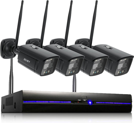 REIGY 3MP Security Camera System Outdoor Wifi with Soptlight, Wireless CCTV Camera System Outdoor, 8CH NVR+ 4x1296P Video Surveillance Kit with Two Way Audio Motion Sensor, Hard Drive Not Included