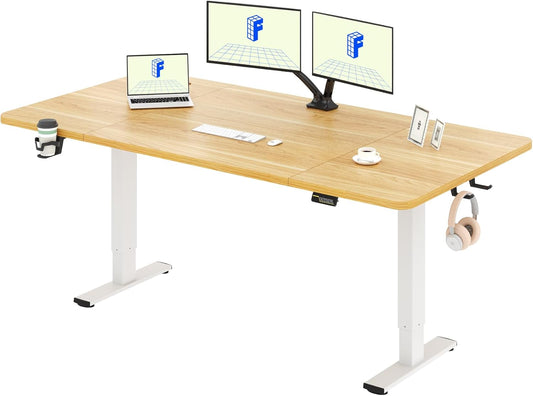 FLEXISPOT QS1 PRO Electric Standing Desk - Height Adjustable Sit-Stand Desk - Home Office/Study Room with Cup Holder & Hooks - 4-Stand Memory Module - (160x75cm) Maple