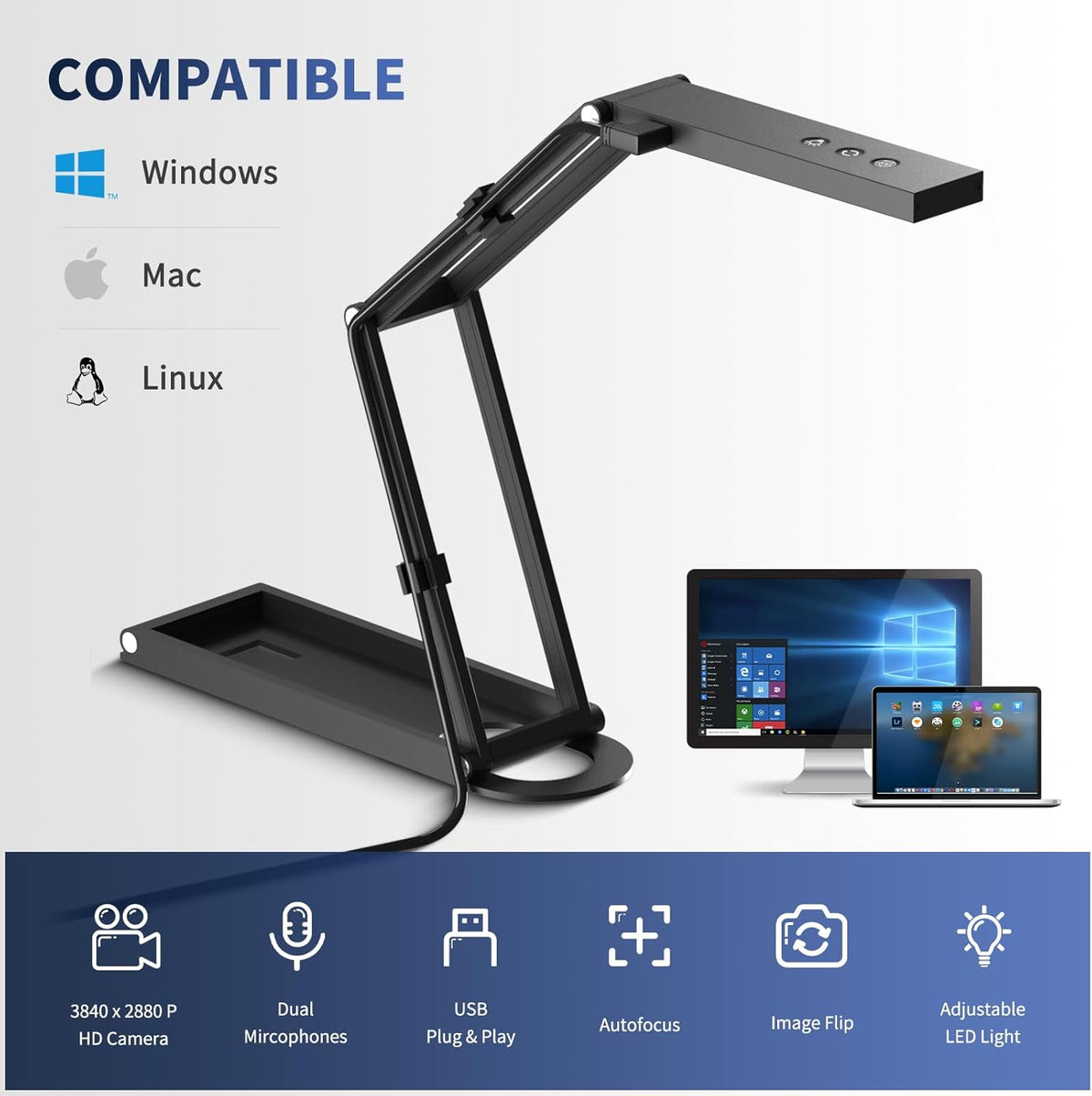 NETUM Documentcamera en webcam 4K met microfoon USB-visualizer 3-niveau Touch LED Auto-focus Image Invert Opvouwbaar voor Windows Mac OS Linux - Remote Teaching & Live Demo (SD-1300)