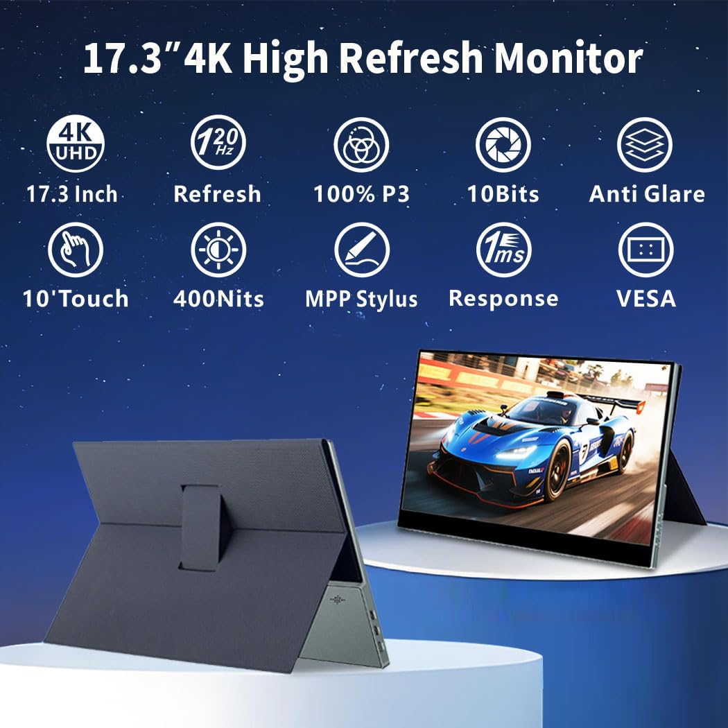 17.3 Inch 4K 120Hz Touch Screen Portable Monitor, 100% P3 Mobile Monitor, Glare Eye Care, Game Display, Support MPP Stylus USB C Mini HDMI for Game Console, Laptop, Mac, PC - QUORE