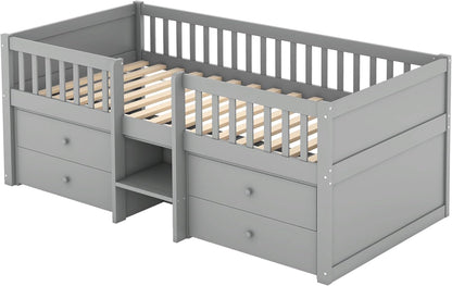 Children's Bed with Drawers, Slatted Frame, Storage and Fall Protection, Teenage Bed, Single Bed, Wooden Pine Bed (Grey, 90 x 200 cm) - QUORE