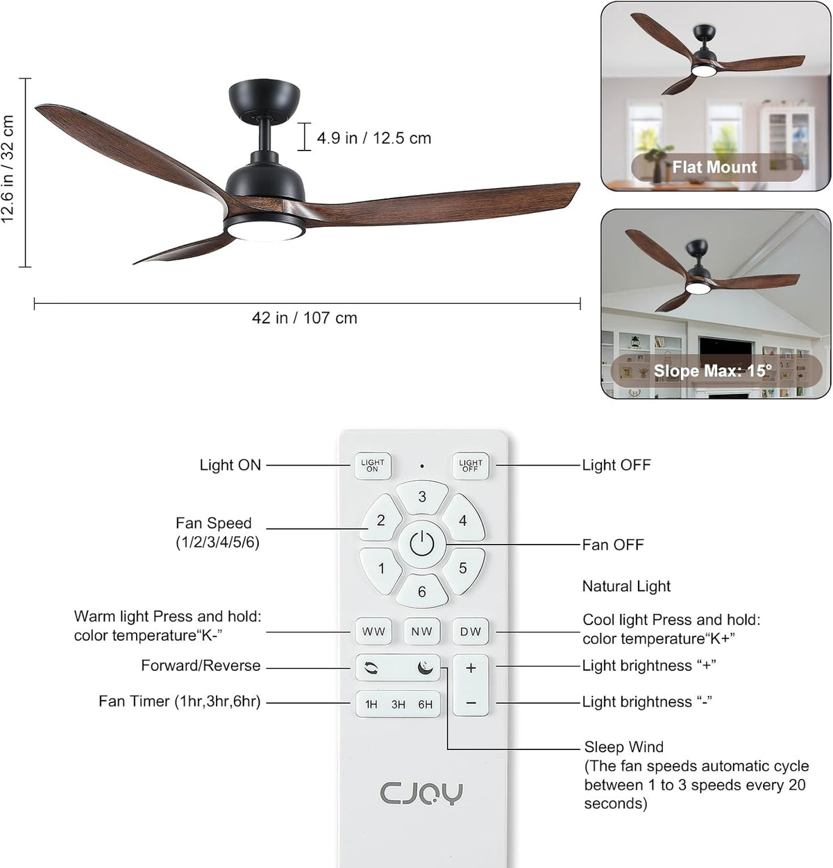 CJOY Plafondventilator met verlichting, 132 cm, plafondventilator met licht, stil, 6 snelheden, omkeerbaar, timer, geheugen 3CCT, dimbaar, houten plafondventilatoren voor slaapkamer, woonkamer, keuken