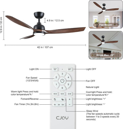 CJOY Plafondventilator met verlichting, 132 cm, plafondventilator met licht, stil, 6 snelheden, omkeerbaar, timer, geheugen 3CCT, dimbaar, houten plafondventilatoren voor slaapkamer, woonkamer, keuken