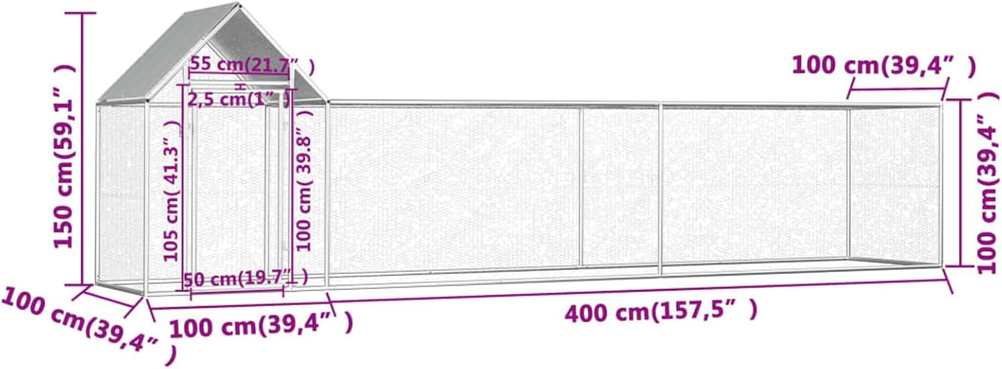 XXL chicken coop with spout, galvanised steel, 5 x 1 x 1.5 m, silver, waterproof, lockable, durable, stable - for chickens, chickens, ducks, geese etc.