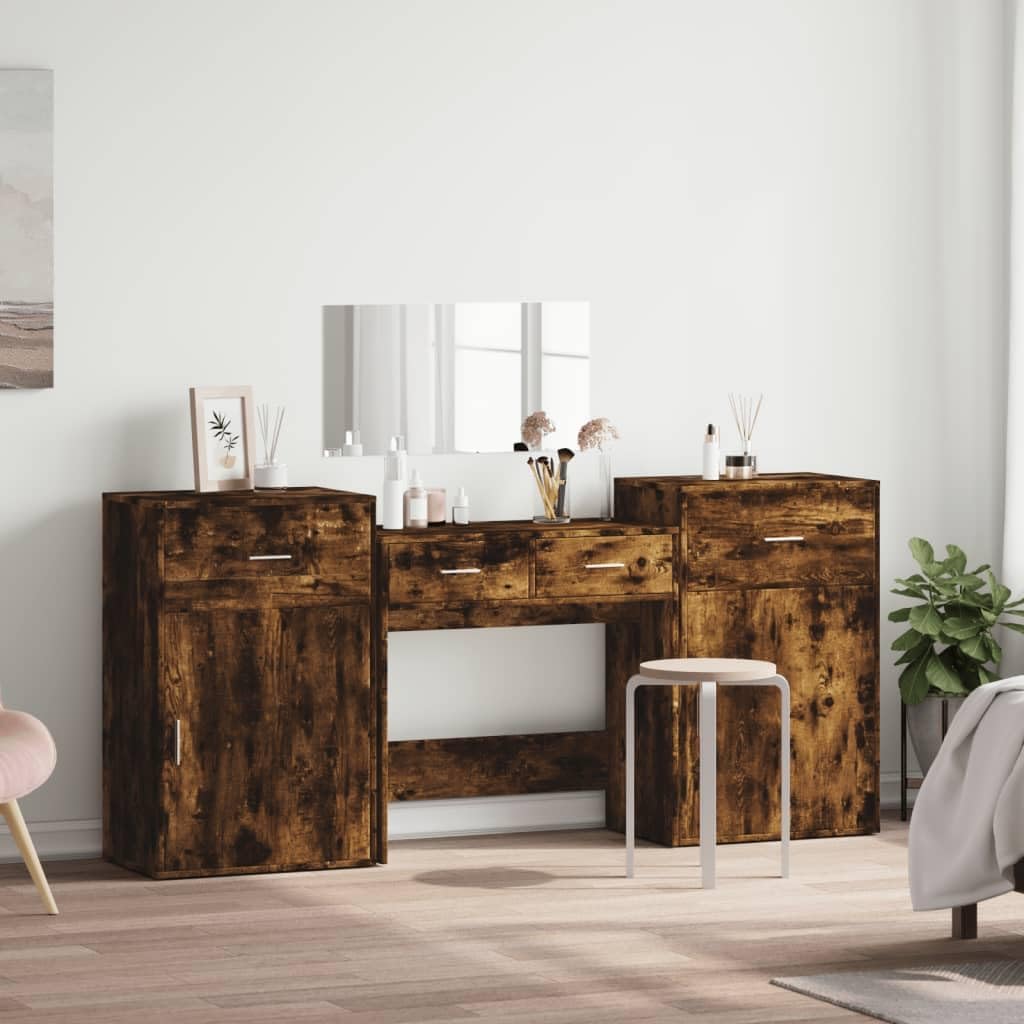 4-Piece Dressing Table Set, Dressing Table with Mirror, Dressing Table, Dressing Table, Dressing Table, Dressing Table, Dressing Table with Storage Space for Bedroom, Oak Wood-Based Oak - QUORE