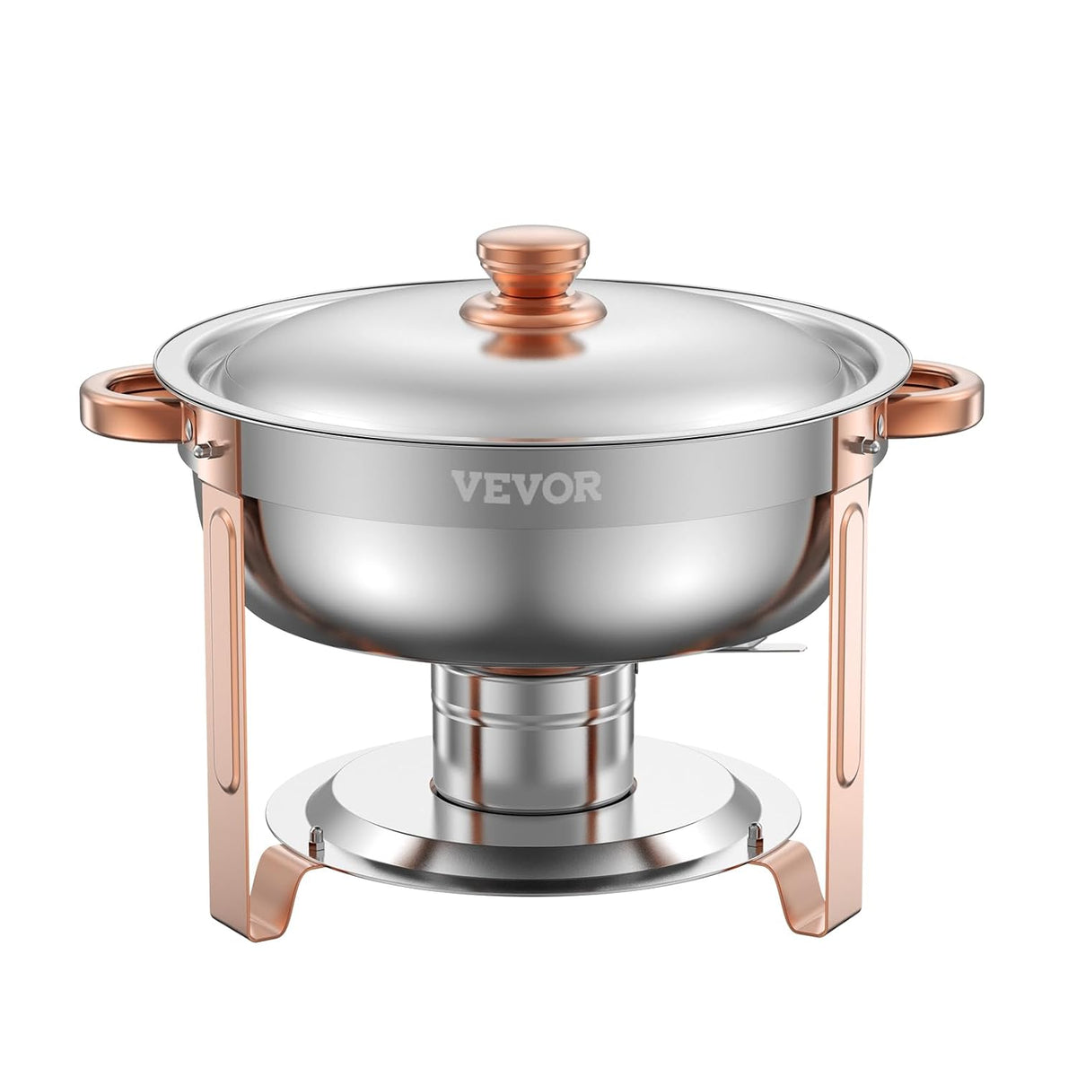VEVOR Buffetwarmer met 4 pannen in volledige grootte, ronde catering-warmtedispenser met deksel, brandstofcontainer en waterschaal voor bruiloften, feesten, roségoud 4,7 l