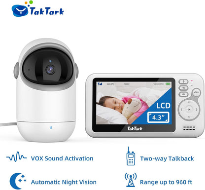 TakTark Babyfooncamera, 4,3 inch videobabyfoons, camera met 300 graden pan-tilt zoom, babycamera, temperatuurbewaking, VOX, nachtzicht, tweerichtingscommunicatie