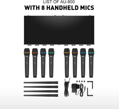 Draadloze Microfoonset – Handmicrofoonset – UHF Microfoonsysteem – Karaoke Microfoon – Presentatiemicrofoon – 8 Handmicrofoons – UHF Stabiele Verbinding – Metalen Ontvanger met Squelch Tegen Ruis